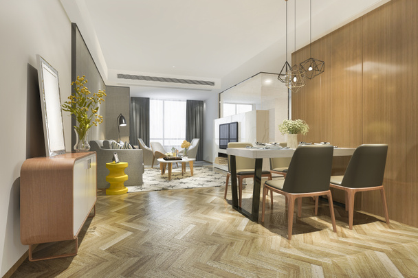 3d rendering moderne eetkamer en keuken met woonkamer met luxe inrichting - Foto, afbeelding