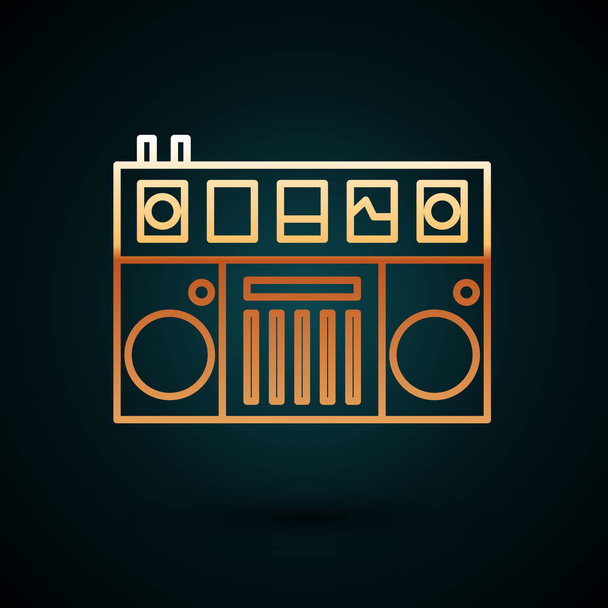 Gold line DJ remote for playing and mixing music icon isolated on dark blue background. DJ mixer complete with vinyl player and remote control. Vector Illustration - ベクター画像