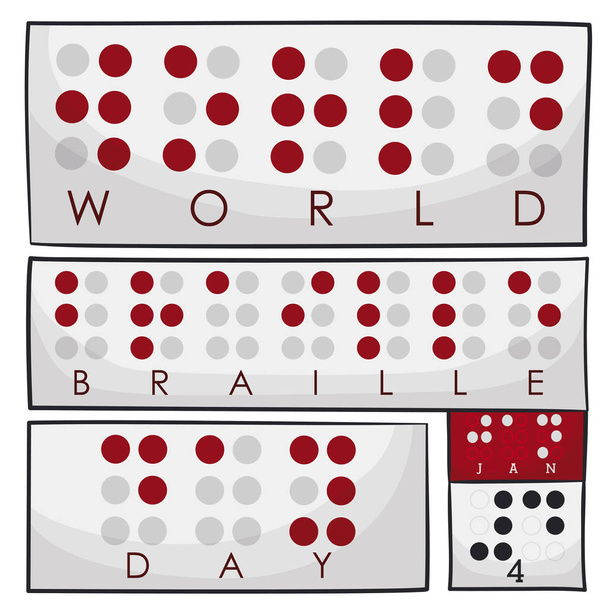 Papírok és naptár köszöntéssel a Braille Világnapra, Vektor illusztráció - Vektor, kép