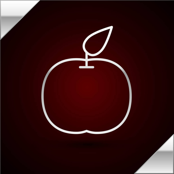 silberne Linie Apfelsymbol isoliert auf dunkelrotem Hintergrund. Früchte mit Blattsymbol. Vektorillustration - Vektor, Bild