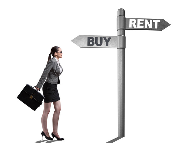Businesswoman facing dilemma of buying versus renting on white - Foto, imagen