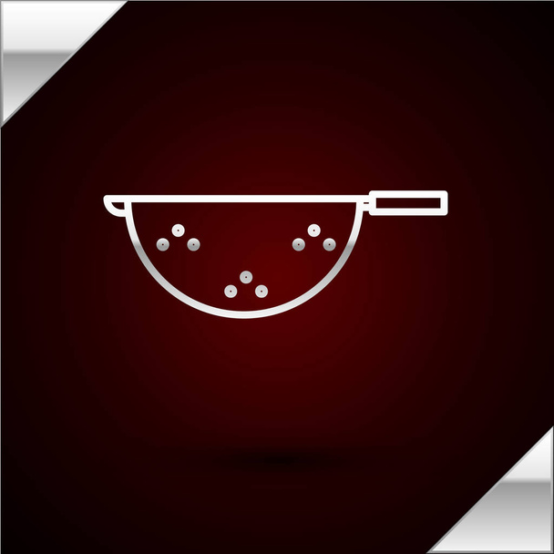 Gümüş çizgili mutfak süzgeci ikonu koyu kırmızı arka planda izole edilmiş. Mutfak aletleri. Çatal bıçak seti. Vektör İllüstrasyonu - Vektör, Görsel