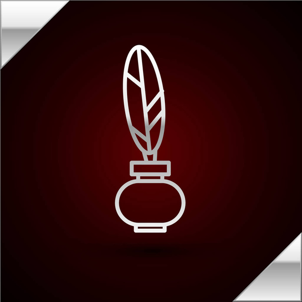 Silver line Feather and inkwell icon isolated on dark red background. Vector Illustration - Vector, Image