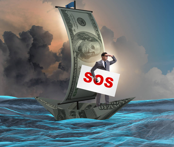 Geschäftsmann bittet mit SOS-Botschaft auf Boot um Hilfe - Foto, Bild