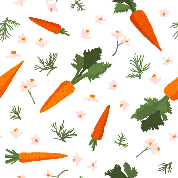 Vektorsommermuster mit Karotten, Blüten und Blättern. Nahtloses Texturdesign. - Vektor, Bild