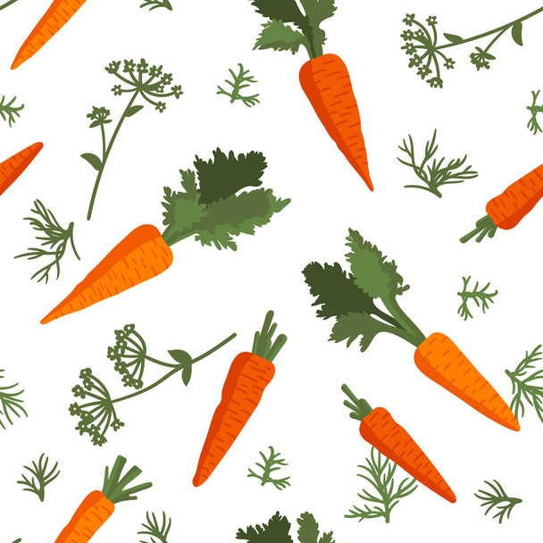 Patrón vectorial de verano con zanahorias, flores y hojas. Diseño de textura sin costuras. - Vector, Imagen