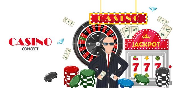 Koncepcja kasyna z bogatym człowiekiem z wygraną na pieniądze jackpot i ruletkę - Wektor, obraz