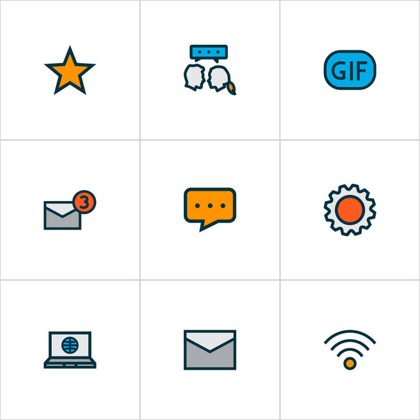 Hálózati ikonok színes vonal készlet chat, gif matrica, beállítások és egyéb fogaskerék elemek. Elszigetelt illusztrációs hálózati ikonok. - Fotó, kép