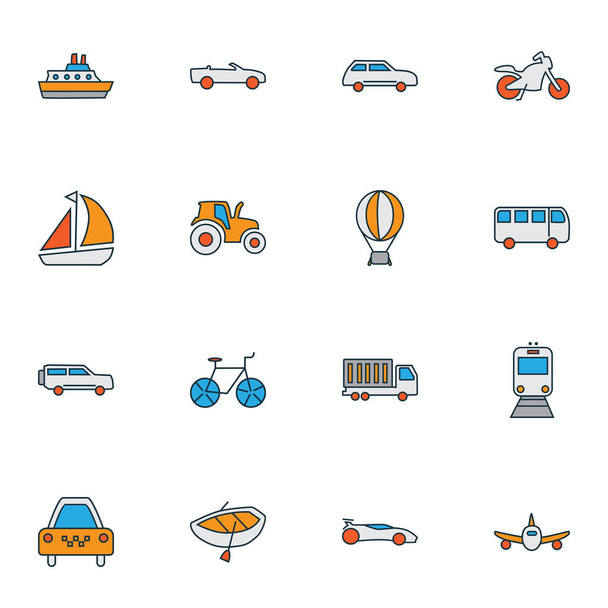 Icônes de transit ligne colorée avec voiture de ville, moto, bateau et autres éléments de tramway. Illustration isolée icônes de transit
. - Photo, image