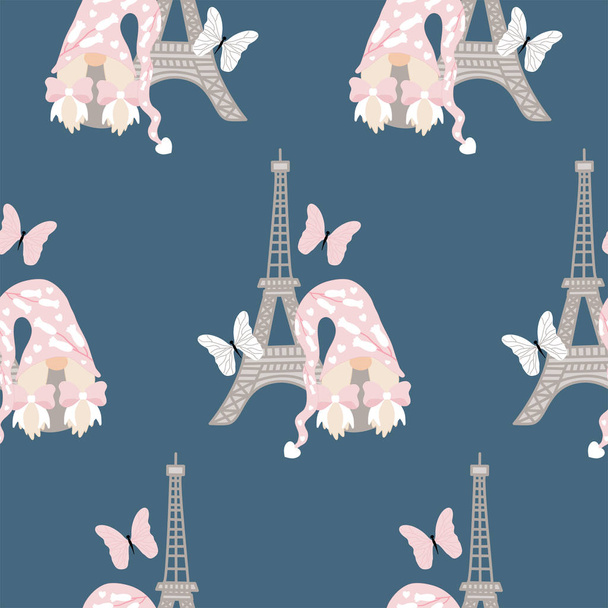 tour eiffel and cute girl gnome in a valentines pattern design - Vector, Image