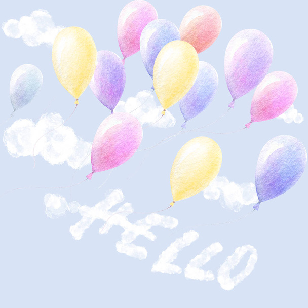 Los globos de colores vuelan. Nubes del cielo. Hola Lettering. Saludo Celebración recién nacido. Baby shower. Arte de la pared del vivero. Decoración de la sala de juegos. Acuarela. Fondo azul
. - Foto, Imagen