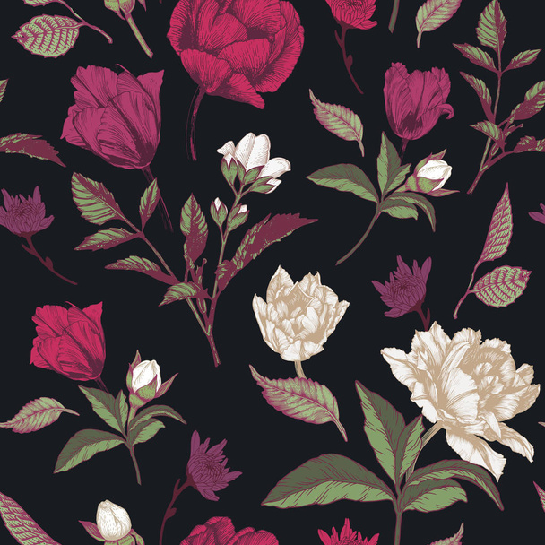 Vector floral seamless pattern with roses, tulips and chrysanthemum - Vektori, kuva