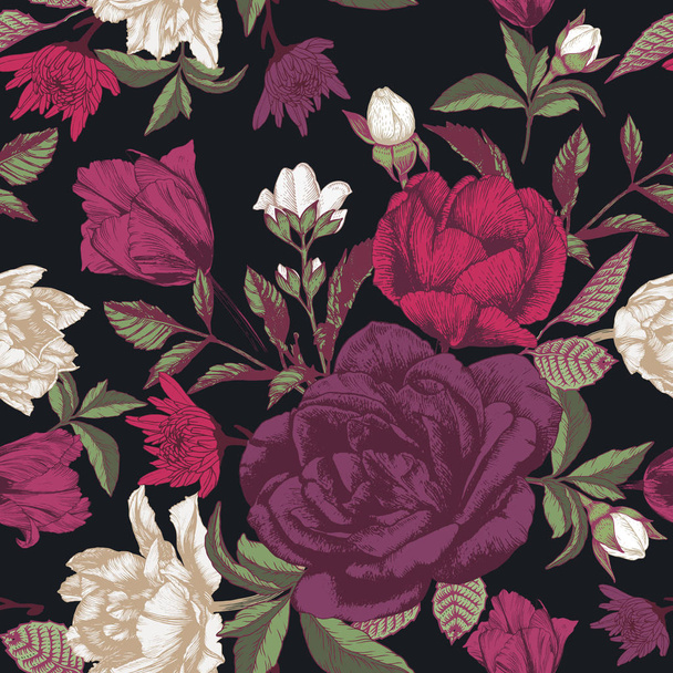 Vector floral seamless pattern with roses, tulips and chrysanthemum - Vettoriali, immagini