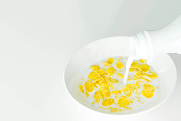 cereálie s mlékem v bílém talíři k snídani, prostor pro text, izolovat - Fotografie, Obrázek