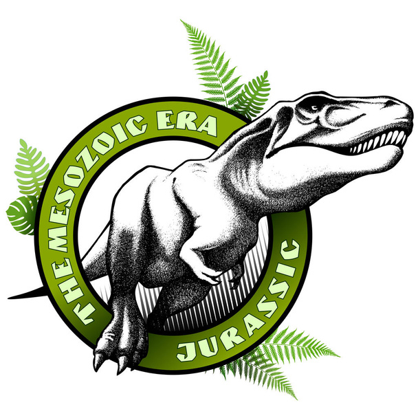 Mesozoic era emblem. Hand drawn running tyrannosaurus rex through the circle with letterng on. - Vector, Image