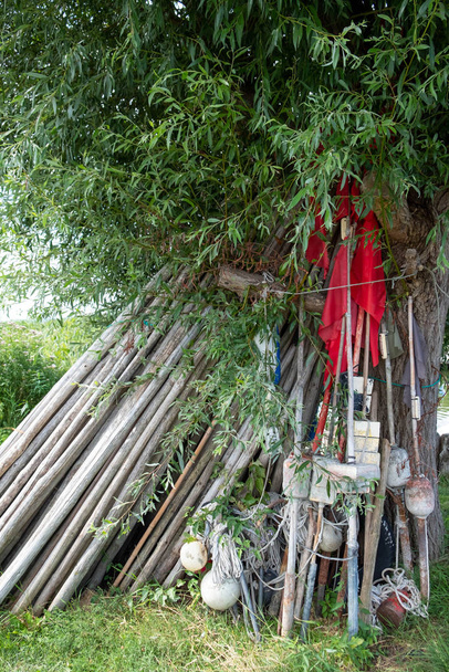 Bastones de pesca y pancartas para redes de pesca se apoyan contra un árbol
. - Foto, imagen