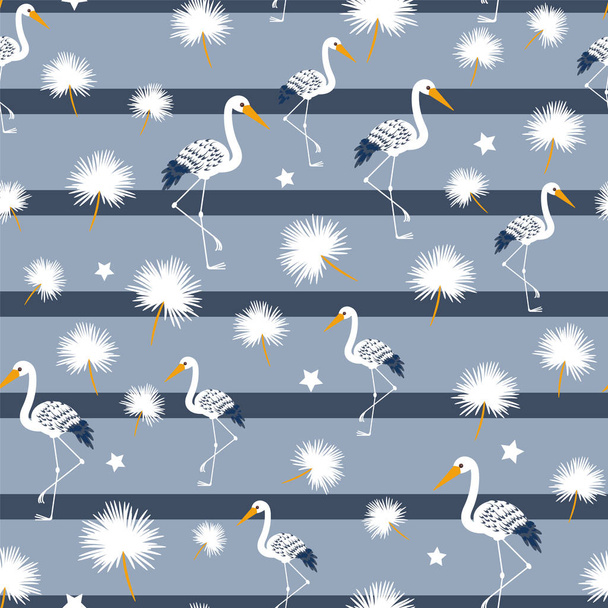 Bezešvý tropický vektorový vzor s čápy a bílými květy na pruhovaném pozadí pro textil, potisk, tkaniny - Vektor, obrázek