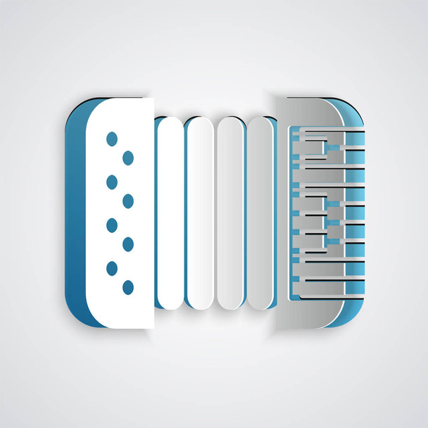 Paper cut Musical instrument accordion icon isolated on grey background. Classical bayan, harmonic. Paper art style. Vector Illustration - Vector, Image