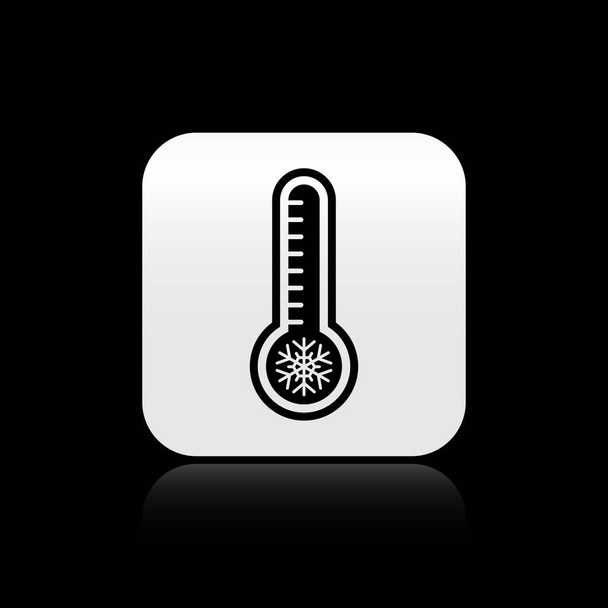 Μαύρο Μετεωρολογικό θερμόμετρο που μετρά τη θερμότητα και το κρύο εικονίδιο που απομονώνονται σε μαύρο φόντο. Θερμομετρικό εξοπλισμό που δείχνει ζεστό ή κρύο καιρό. Ασημένιο τετράγωνο κουμπί. Εικονογράφηση διανύσματος - Διάνυσμα, εικόνα