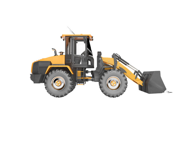 Oranje weg auto wiel bulldozer 3d rendering op witte achtergrond - Foto, afbeelding
