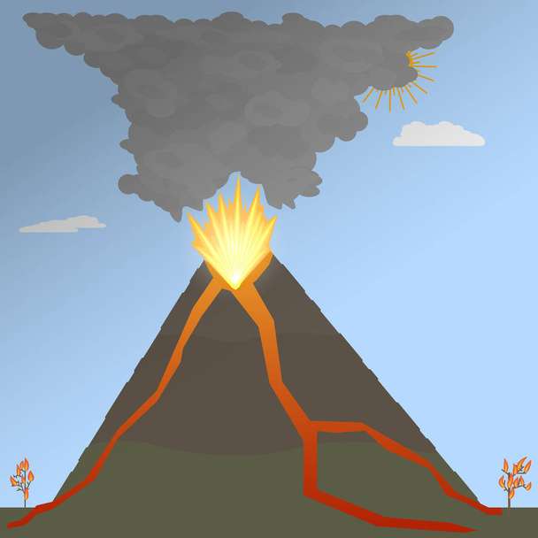Виверження вулкана лавою та попелом з кратера. Магма тече на схилах. Природні катастрофи. Сток Векторні ілюстрації
. - Вектор, зображення