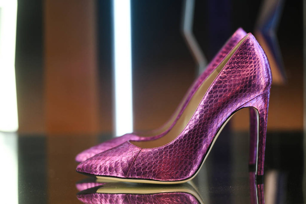 Milan, Italy  February 22, 2019  Pollini high heels in a luxury shop in Milan, February 2019. - Zdjęcie, obraz