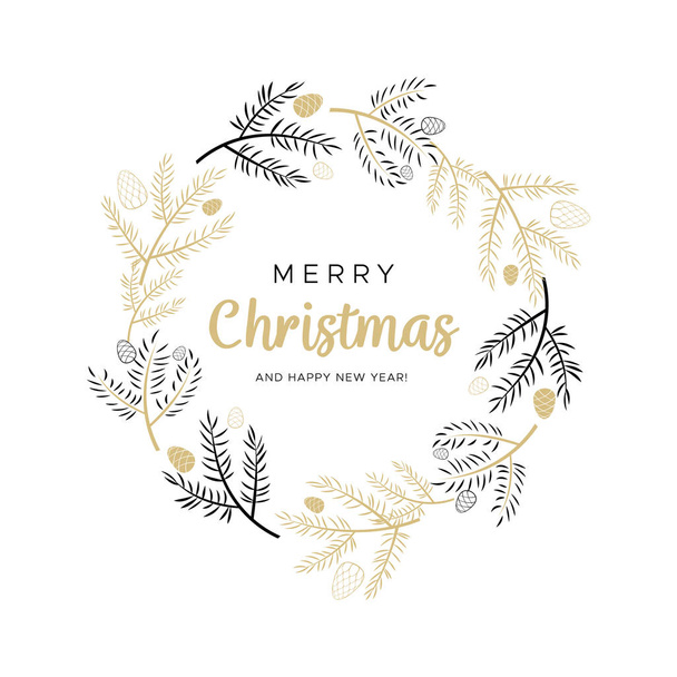 Christmas wreath with black and gold branches and pine cones. Unique design for your greeting cards, banners, flyers. Vector illustration in modern style. - Vektor, kép