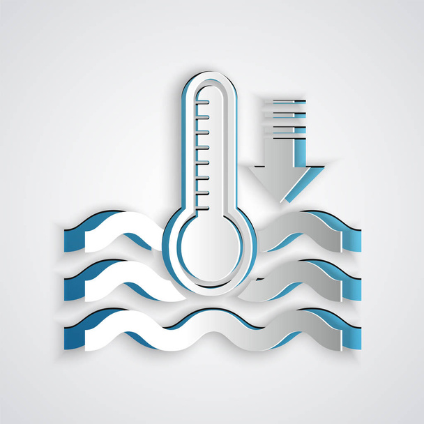 Cięcie papieru Termometr wodny do pomiaru ciepła i zimnej ikony izolowany na szarym tle. Urządzenia termometryczne pokazujące gorącą lub zimną pogodę. Papier w stylu sztuki. Ilustracja wektora - Wektor, obraz