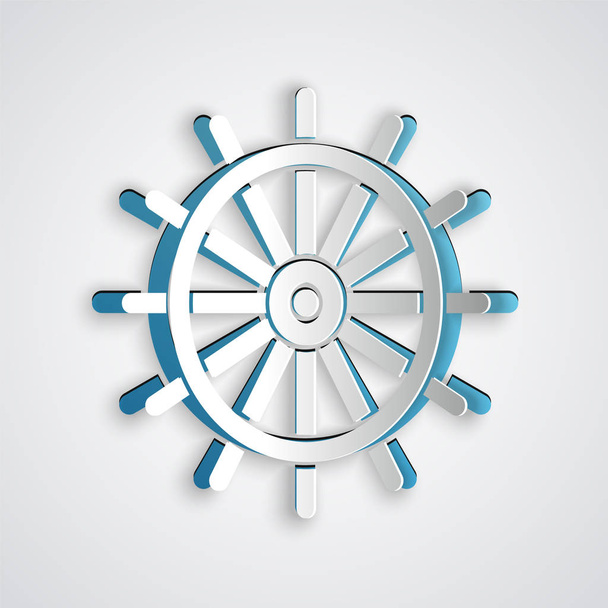Paper cut Ship steering wheel icon isolated on grey background. Paper art style. Vector Illustration - Διάνυσμα, εικόνα