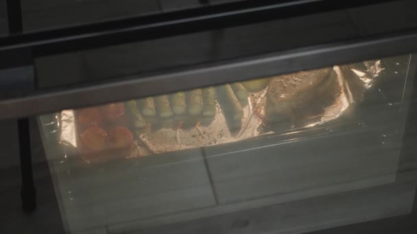 Woman opening oven door. Chef of restaurant opens oven door and checks preparing food. Close up of baked fish and vegetables. Healthy food. Home cooking. process of cooking salmon - 映像、動画