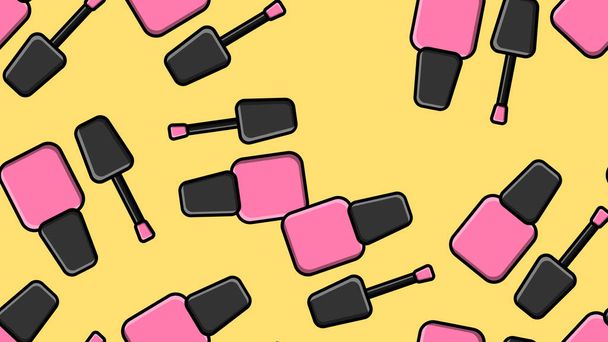 黄色の背景にマニキュア用ネイルポリッシュボトルのための美しいピンクの美しさの化粧品アイテムの無限のシームレスパターン。ベクターイラスト - ベクター画像