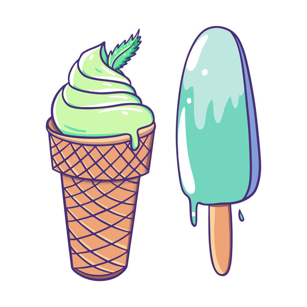 Ice Cream set. Hand drawn vector illustration. Flat cartoon style. - Vector, Image
