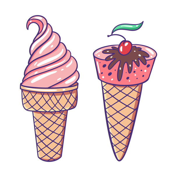 Pink Ice Cream in waffle cup and cone. Vector illustration. Flat cartoon style. - Vector, Image