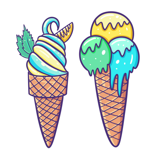 Set of cute Ice Cream in waffle cone. Vector illustration. Cartoon style. - Vector, Image