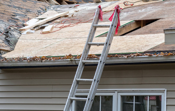 Leiter bei Dachreparatur gegen Haus - Foto, Bild