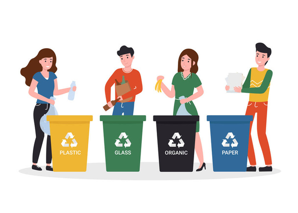 mensen die afval sorteren in vuilnisbakken - Vector, afbeelding