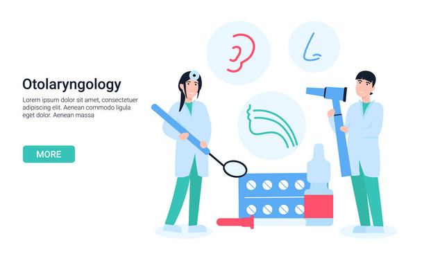 otolaryngologie concept, artsen met items, pictogrammen - Vector, afbeelding