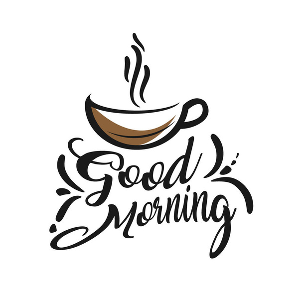 Hand drawn lettering "Good Morning" and top view on a cup of bla - Vecteur, image