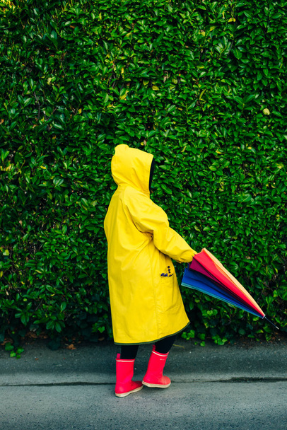 menina em uma capa de chuva amarela em um fundo de uma parede com grama
 - Foto, Imagem