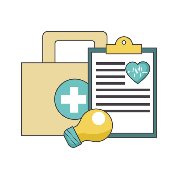 ιατρική έκθεση, λάμπα και κουτί πρώτων βοηθειών - Διάνυσμα, εικόνα