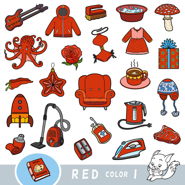 Színes piros színű tárgyak. Vizuális szótár gyerekeknek az alapszínekről. - Vektor, kép