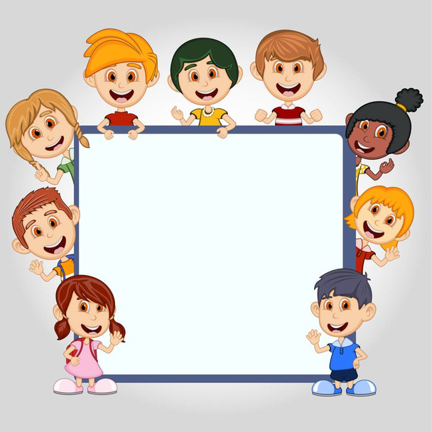 Bambini che sbirciano dietro cartello cartone animato vettoriale illustrazione
 - Vettoriali, immagini