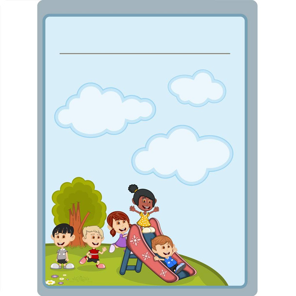 Placard con colina, árbol, cielo, nube y niños jugando en una ilustración de imagen de dibujos animados de diapositivas
 - Vector, Imagen
