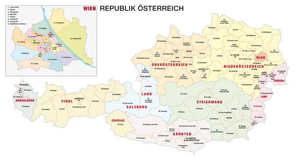 ドイツ語でのオーストリアの新しい行政・政治地図、 2020年 - ベクター画像