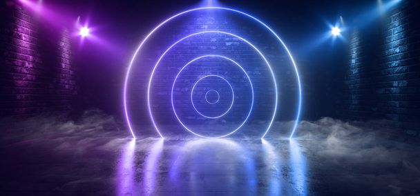 Rauchnebel glühender Kreis Laser-Neonröhren lila-blau im Studio  - Foto, Bild