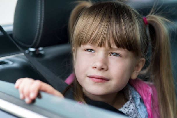 Malá holčička sedí v autě na zadním sedadle zapnutém s sa - Fotografie, Obrázek