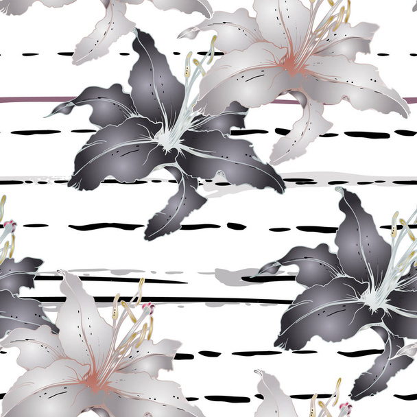 Floral Black and White Seamless Pattern. Stripe - Vector, Imagen
