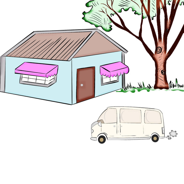 Barevný dům krajina styl, velký strom a dodávkové vozidlo s kouřem na bílém pozadí.Ruční kreslení, kreativní série s ilustrací pokroku. - Fotografie, Obrázek