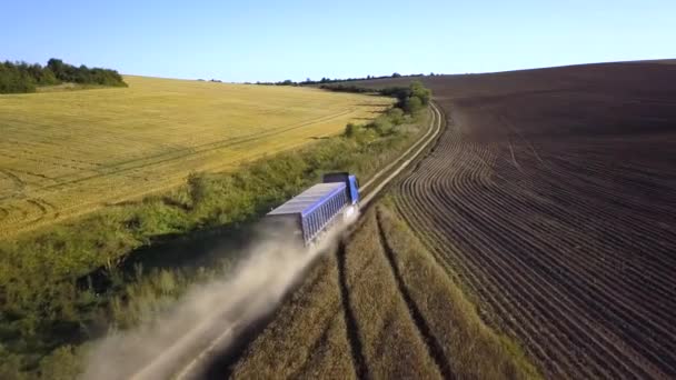 Αεροφωτογραφία φορτηγού που οδηγεί σε χωματόδρομο μεταξύ οργωμένων αγρών και παράγει πολλή σκόνη. - Πλάνα, βίντεο