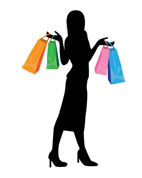 alışveriş torbaları üzerinde beyaz izole tutan kadın - Vektör, Görsel